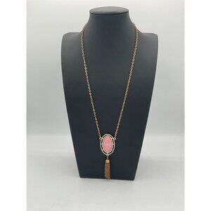 Vintage Sara Cov Gold-Tone Necklace Pink Lady Oval Pendant Tassel Adjustable